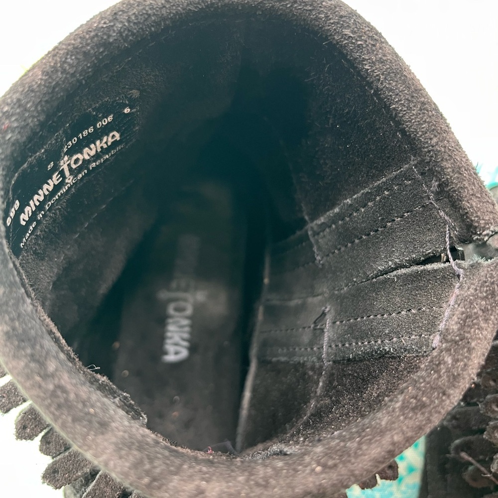Minnetonka Black Fringe Suede Footwear - Picture 3 of 6